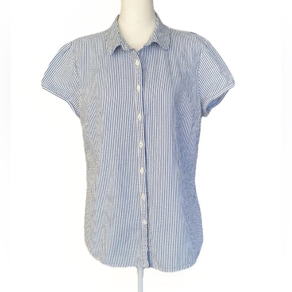 LL Bean Seersucker Shirt Medium Women Popover Striped Blue